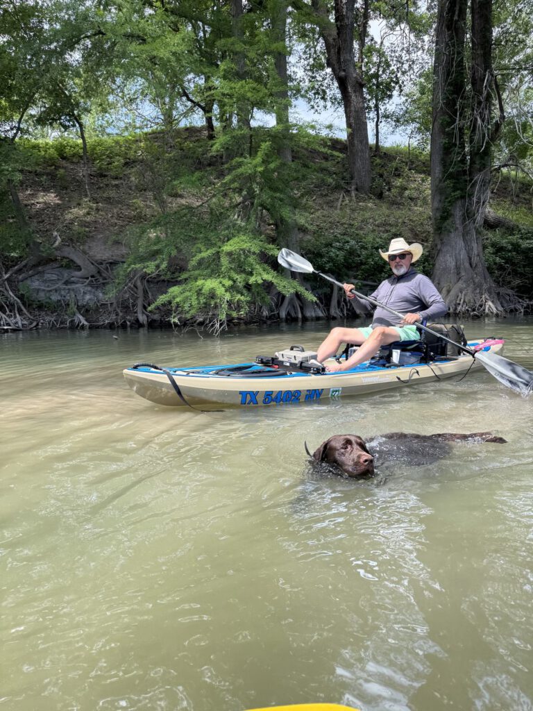 Kayaker paddling a cypress-lined river while a dog swims nearby